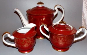 Vintage Red & 12K Gold Large Tea Pot Tea Set Covered Sugar Bowl Jug Sone China - Picture 1 of 10