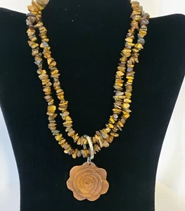 Tiger Eye Chip & Wooden Carved Flower Pendant Necklace 16" - Picture 1 of 5