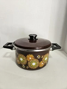 Vintage 70s Retro MCM Enamel 5.5 QT Dutch Oven White Orange Brown Flowers - Picture 1 of 8