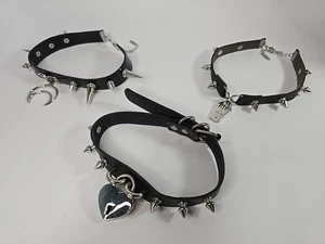 Lot Of 3 Goth Metal Spiked Chokers 16" Each, Crescent Moon, RIP Coffin, & Locket - Picture 1 of 16