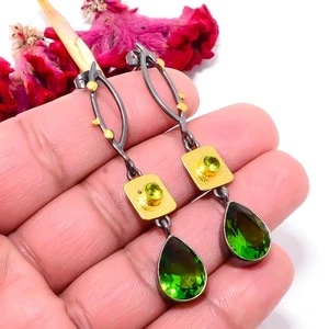 Peridot 925 Sterling Silver Black And Gold Rhodium Plated Earring 2.34" Sku28 - Picture 1 of 3
