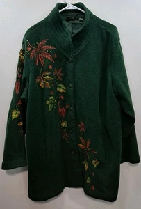 Bob Mackie Wearable Art Jacket 2X Green & Leaves Embroidery Pockets Boho - Picture 1 of 4