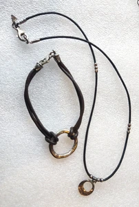 Silpada N1687 Black Leather Sterling Silver Hammered Circle Necklace + Bracelet - Picture 1 of 7