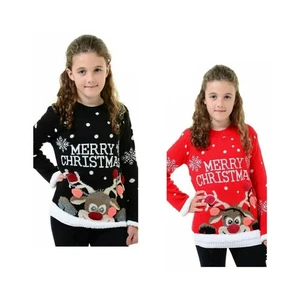 Maglione Natalizio Bambini Ragazze Un Buon Natale Albero Bambini 3d Pom Pom Maglioni 5-13 Anni - Foto 1 di 3
