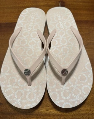Women's Calvin Klein Signature Monogram Soft Pink Thong Flip Flops 7-8 - Image 1 of 4