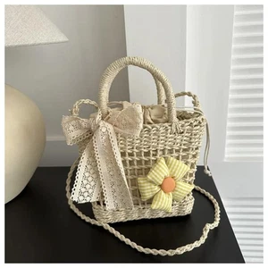 Dacron Lace Bow Handbag Weave Small Bucket Tote Bag New Straw Weave Bag - Picture 1 of 16