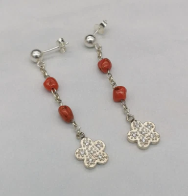 orecchini donna vero corallo rosso di Sardegna argento bianco titolo 925 pendent - Immagine 1 di 4
