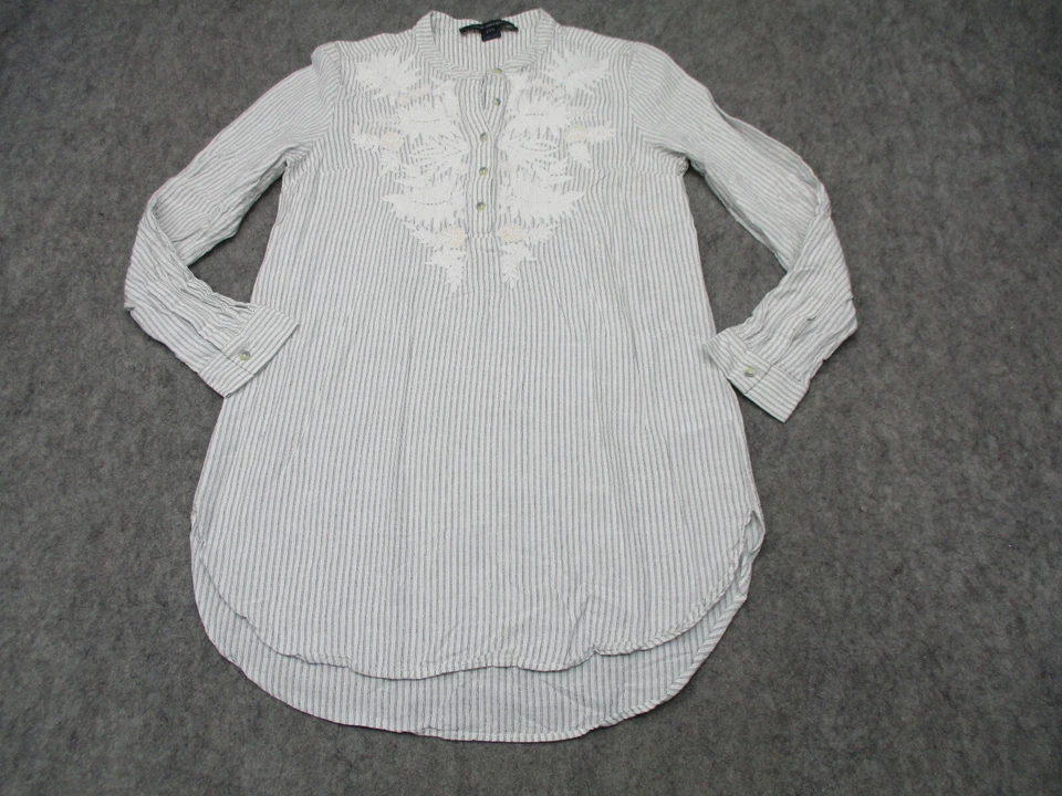 French Connection Shirt Womens 6 White Striped Top Blouse Floral Embroidered - Image 1 of 4