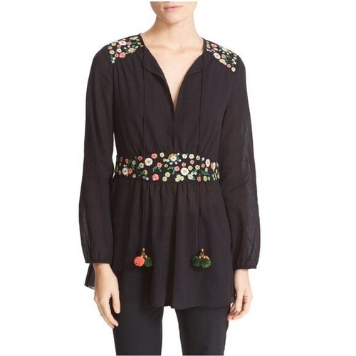 Camicetta tunica contadina Tory Burch Fleur ricamata tessuto floreale boho nera 8