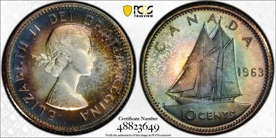 PR65 1963 10C Canada Silver Sailboat 10 Cents Proof PCGS Trueview- Rainbow Toned - Image 1 of 4