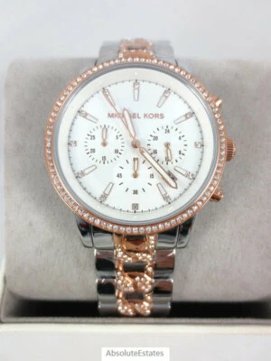 Michael Kors Ritz Two Tone Rose Gold Silver Glitz Chronograph Watch MK6938 NWOT - Image 1 of 3
