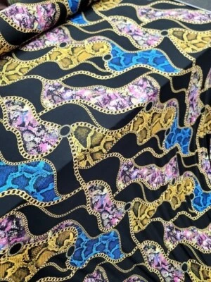 Blue Yellow Snake Animal Print Black Spandex Knit Fabric Stretch by Yard Pink - Image 1 of 4