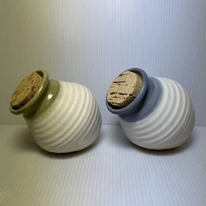 (2) Studio Art Pottery Angled Vessel w/ Cork, Hand Made 4" x 4" Stash Jar - Picture 1 of 13