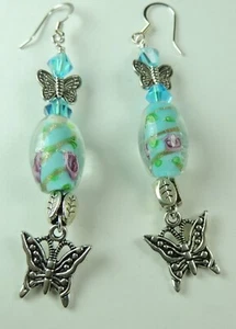 Türkis Floral Lampwork Schmetterling Ohrringe Kristall Handarbeit Schmuck - Bild 1 von 1