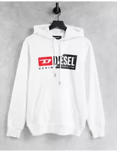 $250 Designer Rare DIESEL Men's White Logo Print Hoodie Sweatshirt Sweater M - Picture 1 of 15