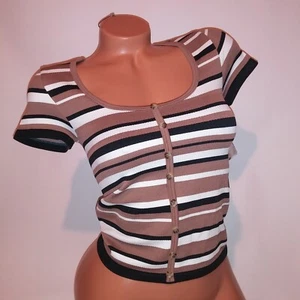 No Boundaries Blouse Top Medium 7 9 Black Tan White Stripe Stretch Fitted New - Picture 1 of 9
