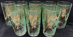 Libby Tall Tumbler Glasses Gold Bamboo w/ Green Embossed Vertical Lines Set of 8 - Picture 1 of 8