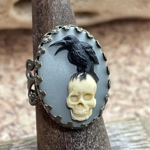 Renaissance CAMEO Skull Black Crow Raven gothic Ring Adjustable Christmas gift - Picture 1 of 16