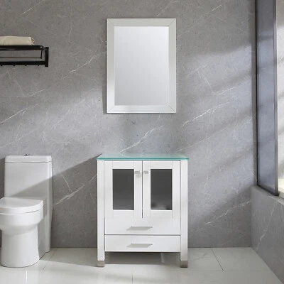 Base de tocador de baño individual de 24" madera blanco gabinete tapa de vidrio templado con espejo Foto 1 de 4
