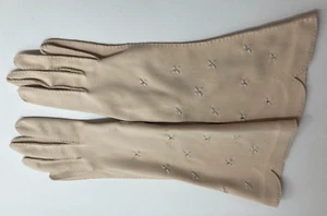 VTG Van Raalte Ecru Rhinestone Flower 12 inch Nylon Women's Gloves size 6 1/2 - Picture 1 of 8