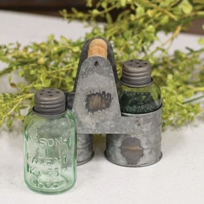 NEW FARMHOUSE MASON GLASS SALT PEPPER Shakers Caddy Primitive 4.25"Hx4.5"W Metal - Image 1 of 3