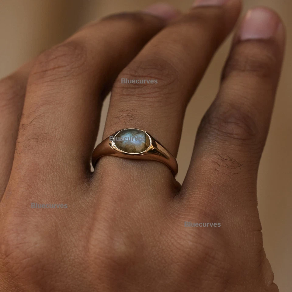 Anillo solitario de labradorita de corte ovalado de oro amarillo de 14 k hecho a mano joyería fina  Foto 1 de 1