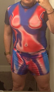 Men's L Sexy 2-piece Mesh Semi-Sheer Shorties and Short-Sleeve Body Print Shirt - Picture 1 of 19