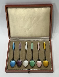 6-Pc Set Frigast Denmark Sterling Silver Enameled Demi Spoons w/ Box 6 Colors - Picture 1 of 3