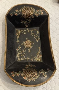 Antique Vtg Tole Bread Basket Tray Hand Painted Decorated 14” X 8” Oval Black - Picture 1 of 5