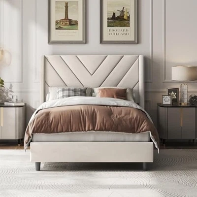 Marco de cama doble plataforma tapizada cama con ala lateral/lama de madera sup Foto 1 de 4