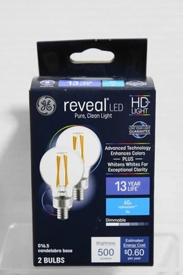 GE Reveal 60w Repuesto Bombillas LED HD G16.5 Base Candelabro Regulable Paquete de 2 Foto 1 de 4