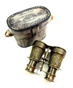 Antique Vintage Maritime Brass Marine Nautical Binocular with Leather Box Gift - Picture 1 of 3