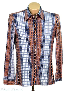 Camicia discoteca vintage anni 70 Prince Igor Bl/Ruggine fantasia righe poli collo largo L - Foto 1 di 8