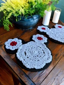 2 Mickey Mouse Disney Inspired Drink Coasters Candle Mat Wood Crochet - Handmade - Picture 1 of 4