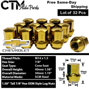 32x Gold Chevy OEM Factory Lug Nut 14x1.5 Fit Silverado Suburban Stock Wheels - Picture 1 of 3