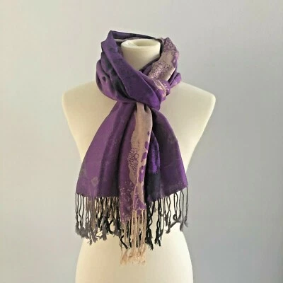 Pashmina Cachemira Bufanda Envoltura Cachemira Púrpura Diseño Moderno con Flecos Foto 1 de 4