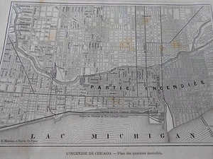 Incendie de Chicago Plan des quartiers Incendiés Antique Old Print 1871 - Foto 1 di 1
