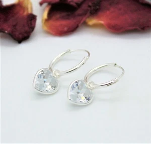 Sterling Silver Hoop Earrings with Sterling Silver Heart CZ Charm 13mm Hoops - Picture 1 of 6