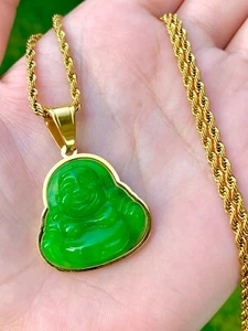 GREEN Buddha Good Fortune Jade Smiling Laughing Rope Chain Necklace Gold Medium - Picture 1 of 6