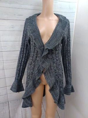 BRITTANY BLACK Gray Sweater Womens Sz M Open Cardigan Crochet Ruffled Top - Image 1 of 4