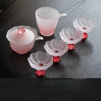 Juego de té de vidrio de 6 piezas, juego de té de vidrio rosa, herramientas de té verde con flores de té Foto 1 de 4