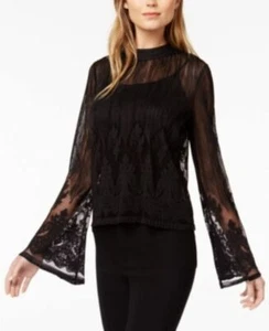 BAR III Women's Black Shear Lace Pleated LS Illusion Neckline, Small, ZR-X,bs - Picture 1 of 1