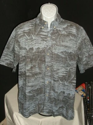 REYN SPOONER REVERSE PRINT BLUE/GRAY SAILBOAT 100% COTTON HAWAIIAN SHIRT SZ. L - Image 1 of 4