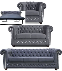 CHESTERFIELD SET 1+2+3 SITZER SESSEL SOFA STOFF GRAPHIT KRISTALSTEINE BÜROMÖBEL - Bild 1 von 27