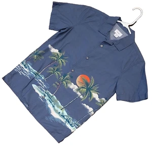 Old Navy Hawiian Palm Tree Sun Set Beach Print Button-Up Short Sleeve Boys 10-12 - Picture 1 of 6