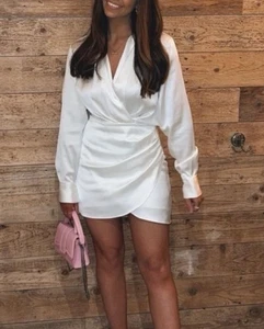 Zara Silk White Wrap Dress Size Large New With Tags Long Sleeve Mini - Picture 1 of 6