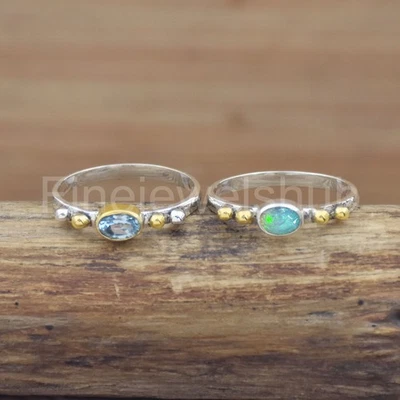 Opal & Blue Topaz Sterling Silver Ring - Two Tone Gemstone, Stackable Ring - Image 1 of 4
