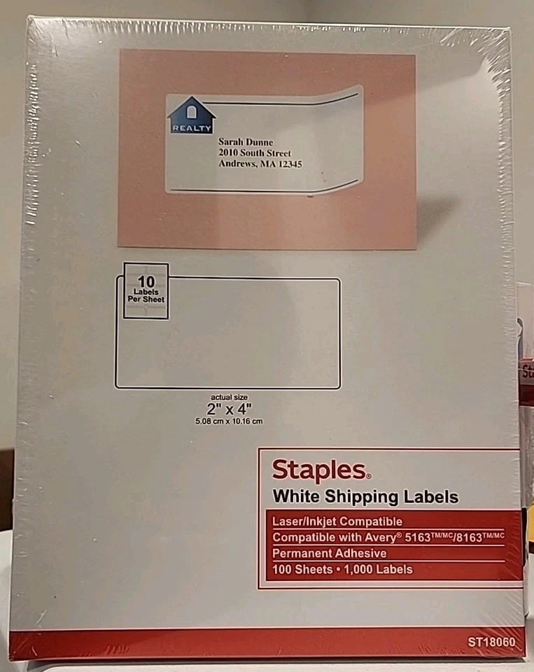 Staples Laser/Inkjet Shipping Labels, 2" x 4", White, 10 Labels/Sheet, 100 Sheet - Image 1 of 1