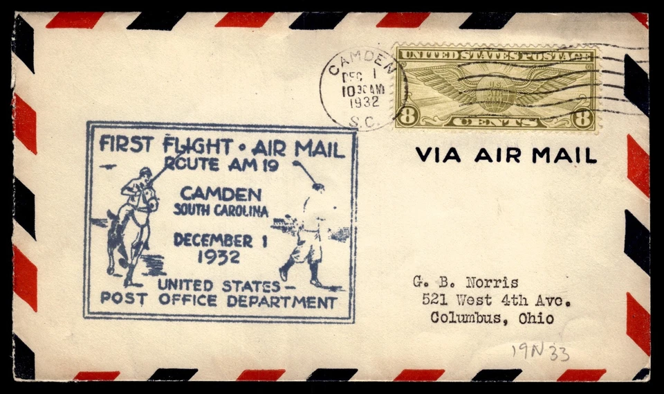 FIRST FLIGHT COCER AIR MAIL AM#19 CAMDEN, SOUTH CAROLINA DEC 1, 1932 - Image 1 of 2