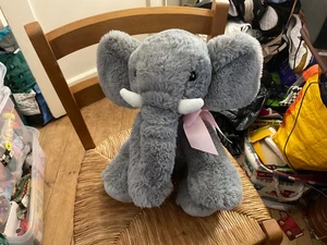Asda grey fluffy elephant 12” wearing pink bow soft toy plush - Picture 1 of 2